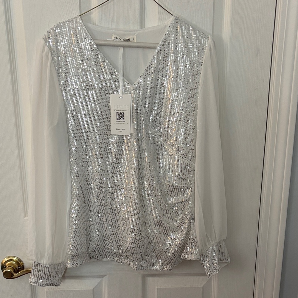 Grace Karin Silver Sequin Blouse with Sheer Sleeves